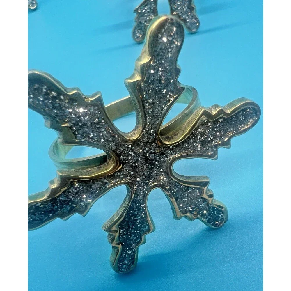 4 Christmas Napkin Rings Snowflake Gold Glitter Metal Holders table decor set